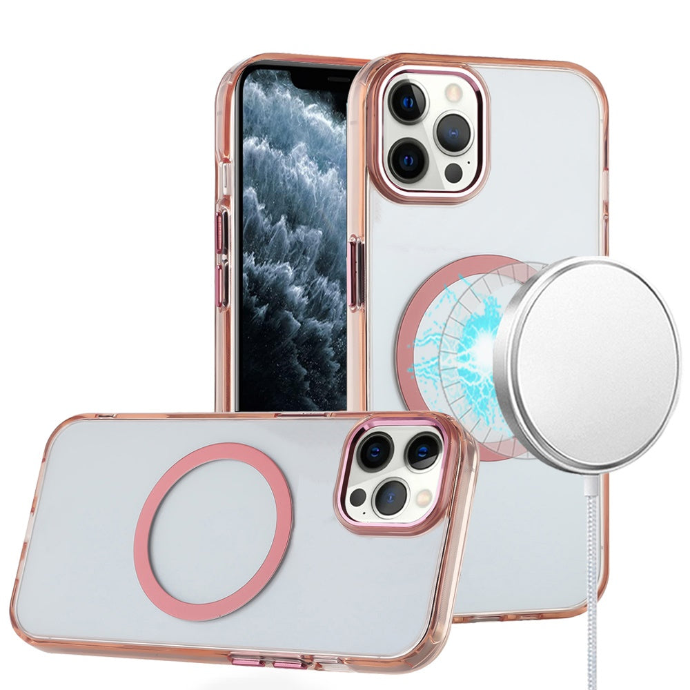 For Apple iPhone 11 Pro Max Transparent Back Hybrid Case - Magnetic Circle, Color Frame, Metal Buttons, MagSafe Compatible Case Cover