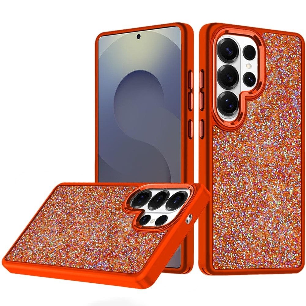 Phone Case for Samsung Galaxy S25 Ultra Crystal Glass Bling Diamond Metallic Edge Shockproof Durable Protective Clear Hybrid Stylish Premium Design Cover Cosmic Orange