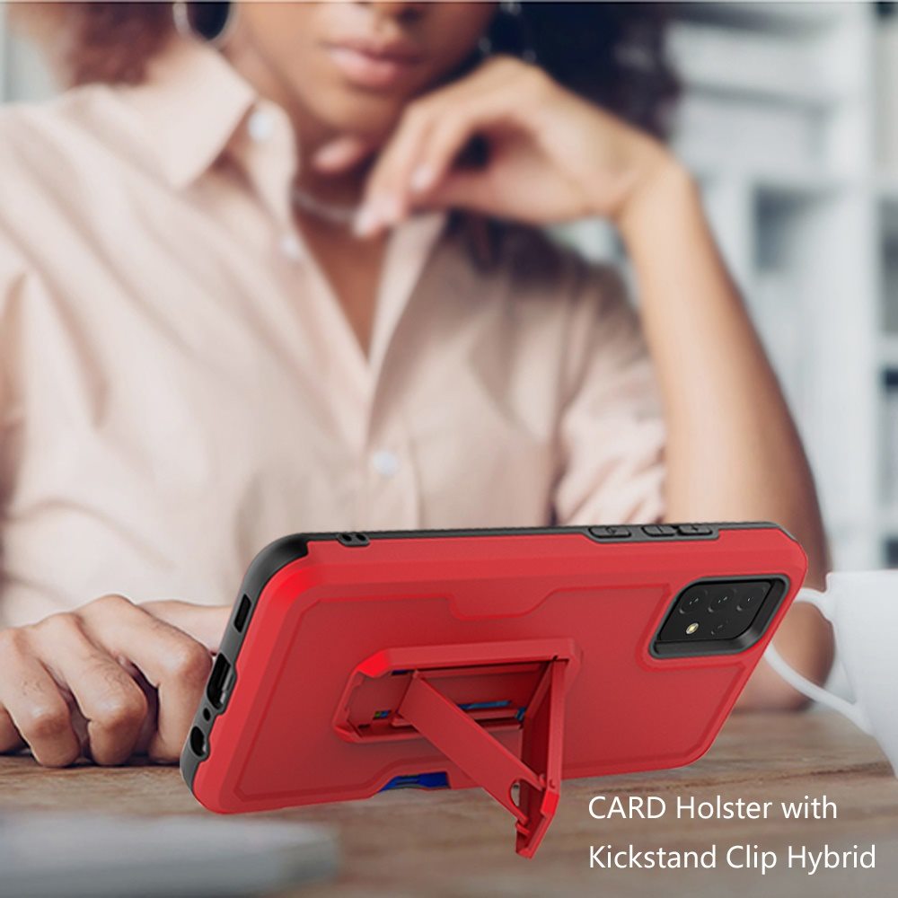 For Samsung Galaxy A16 5G Full-Body Hybrid Heavy Duty Armor Case with Belt Clip Holster, Credit Card Holder & Kickstand Case Cover Red