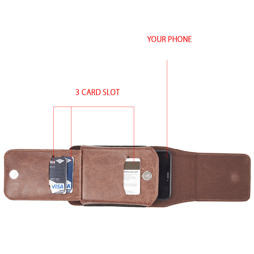 For Apple iPhone 16 Pro (6.3") Universal Vertical Leather Case Holster with 360° Rotation Belt Clip & Credit Card Slots Holder Phone Carrying Phone Waist Pouch [Brown]
