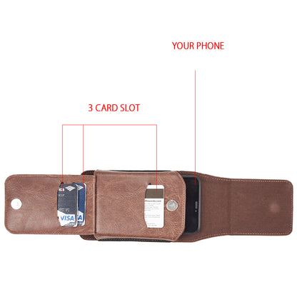 For Apple iPhone 16 Pro (6.3") Universal Vertical Leather Case Holster with 360° Rotation Belt Clip & Credit Card Slots Holder Phone Carrying Phone Waist Pouch [Brown]