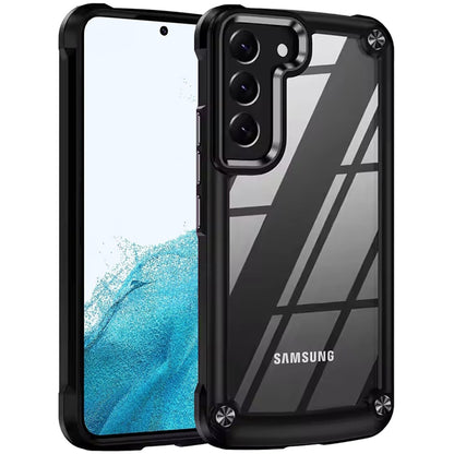 For Samsung Galaxy S22 Hybrid Transparent Rubber with Metal Buttons & Camera Edges Hard TPU Corner Frame Bumper Case Cover