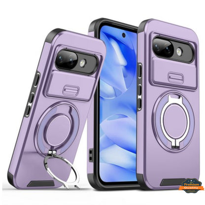 For Google Pixel 9A Hybrid Case with 360° Magnetic Ring Stand, Camera Slide Protector & Compatible with MagSafe Case Cover