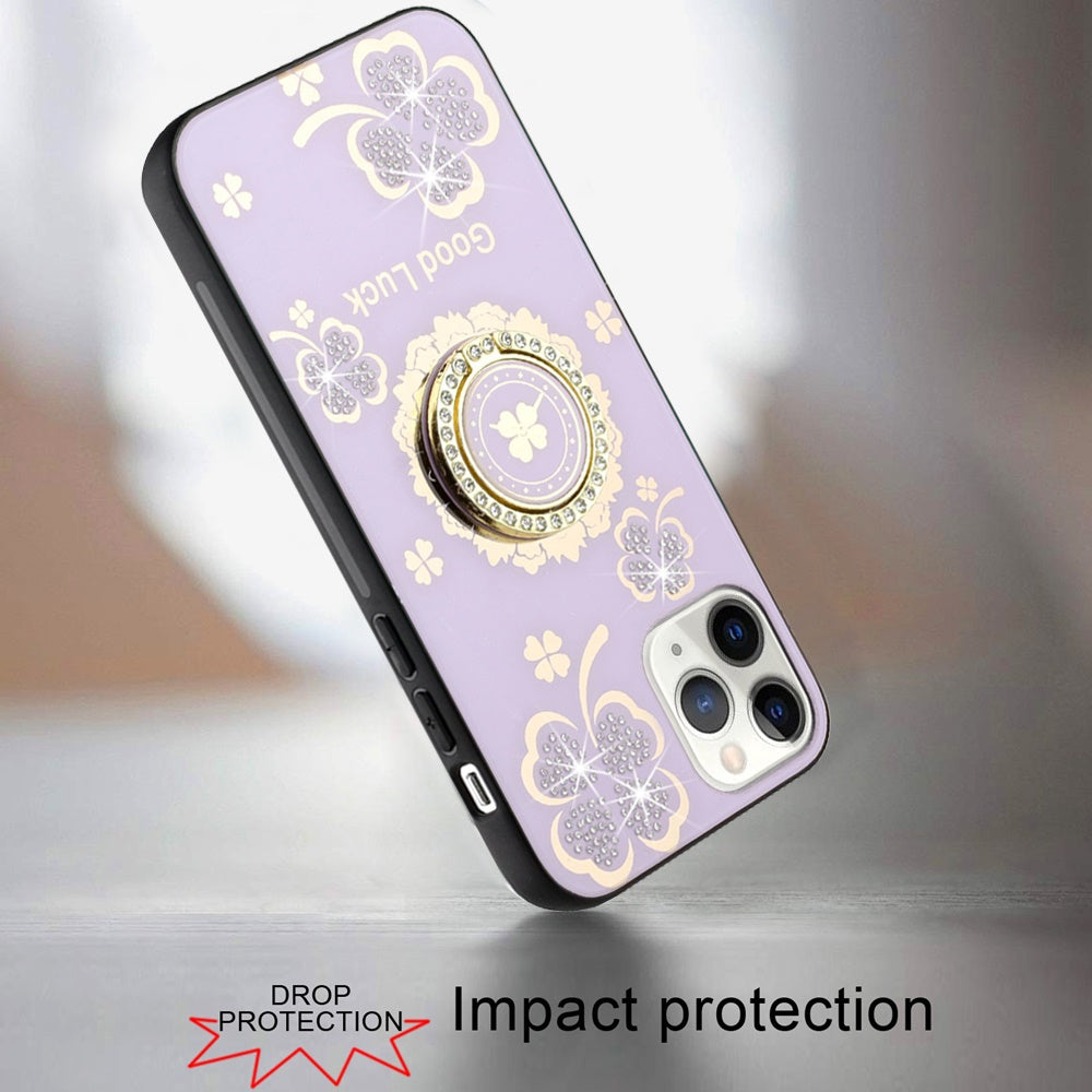 For Apple iPhone 12 Pro Max Diamonds 3D Bling Sparkly Glitter Ornaments Engraving Hybrid Metal Fashion Case Cover Purple Good Luck Floral