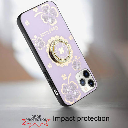 For Apple iPhone 12 Pro Max Diamonds 3D Bling Sparkly Glitter Ornaments Engraving Hybrid Metal Fashion Case Cover Purple Good Luck Floral