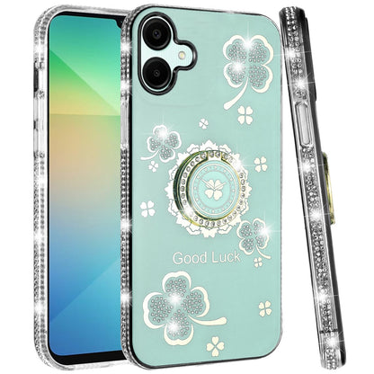 For Samsung Galaxy A06 Diamonds Bling All Around Edges Sparkly Glitter Hybrid with Ring Stand Holder Fashion Good Luck Case Cover