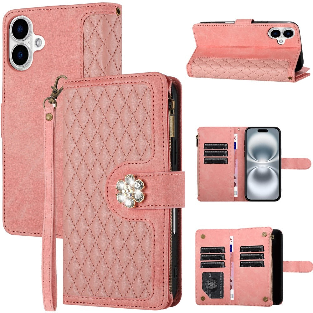 For Apple iPhone 16 Plus (6.7") PU Leather Wallet Design Jewel Bling with Credit Card Holder Flip Folio Pouch Zipper Purse Wrist Strap Case Cover