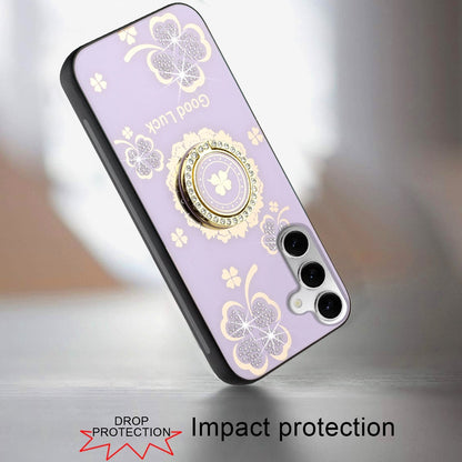 For Motorola Moto G 5G 2025 Diamonds 3D Fashion Floral Bling Sparkly Glitter Ornaments Engraving Hybrid with Ring Stand Case Cover Purple Good Luck Floral