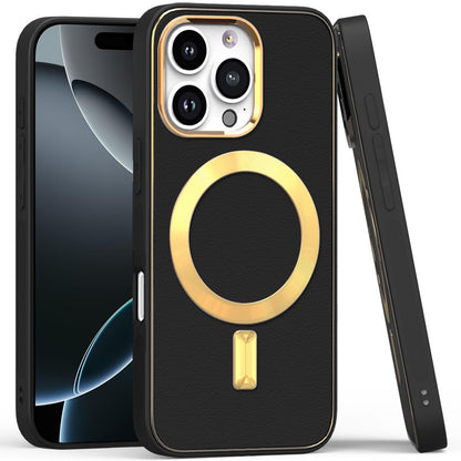 For Apple iPhone 16 Pro Max (6.9") PU Leather Magnetic Case Slim Protective Cover with MagSafe Compatibility Hard PC Gold Frame Protection Case Cover
