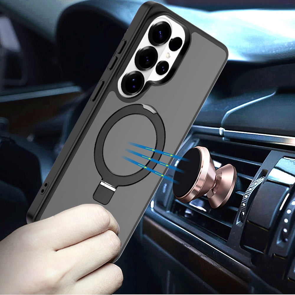 Phone Case for Samsung Galaxy S25 Ultra Magnetic Ring Stand Full Rotation Matte Shockproof Grip Anti Slip Durable Camera Protection Hybrid Cover Black