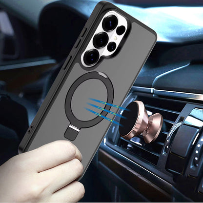 Phone Case for Samsung Galaxy S25 Ultra Magnetic Ring Stand Full Rotation Matte Shockproof Grip Anti Slip Durable Camera Protection Hybrid Cover Black