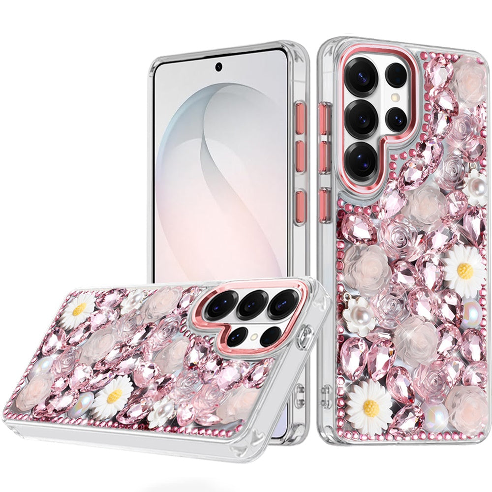 For Samsung Galaxy S26 Ultra Fashion Daisy Floral Series, Full 3D Bling Crystal Diamonds Sparkling Rhinestone Glitter Hybrid Design Case Cover