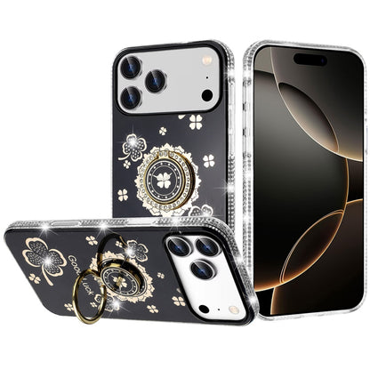 For Apple iPhone 17 Pro Max (6.9") Diamonds Bling All Around Edges Sparkly Glitter Hybrid with Ring Stand Holder Fashion Good Luck Case Cover