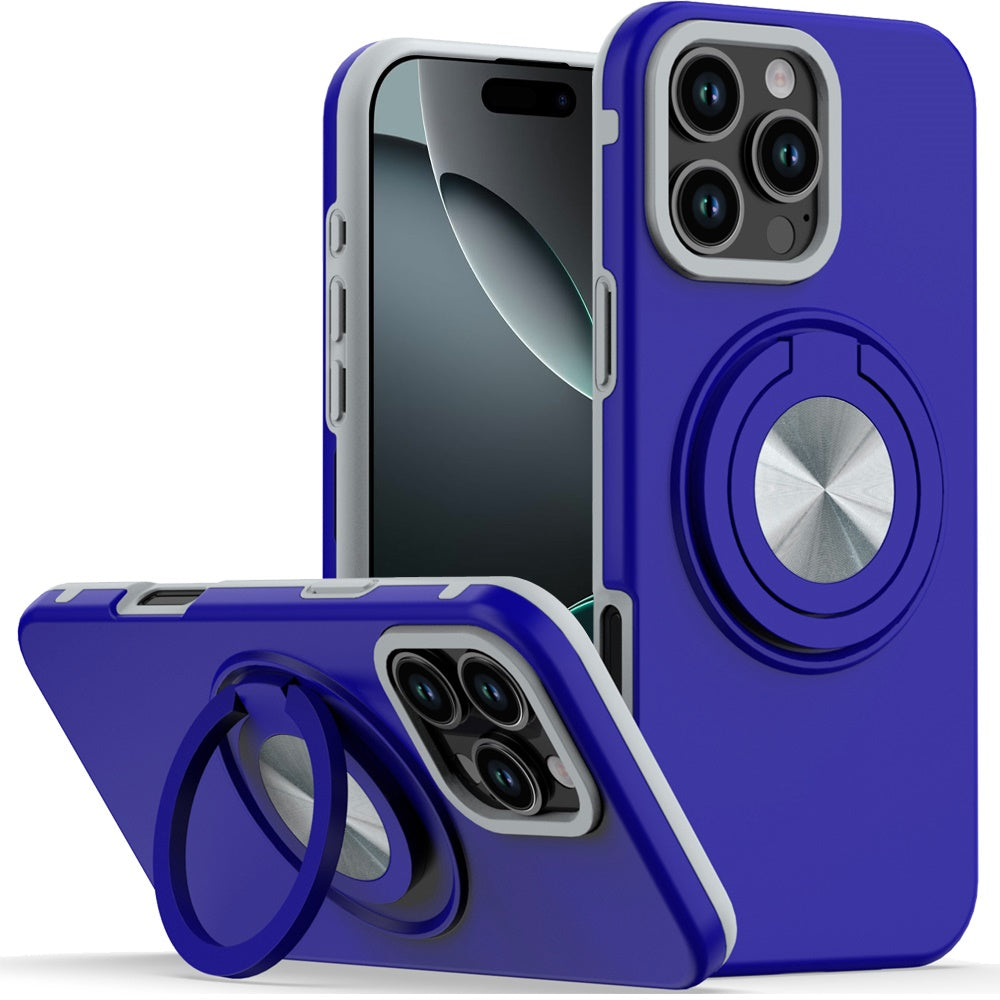 For Apple iPhone 17E /16E Metal Matte Hybrid with Invisible Rotational Ring Stand, Car Mount Friendly, Military Grade Slim Fit Sturdy Case Cover Blue