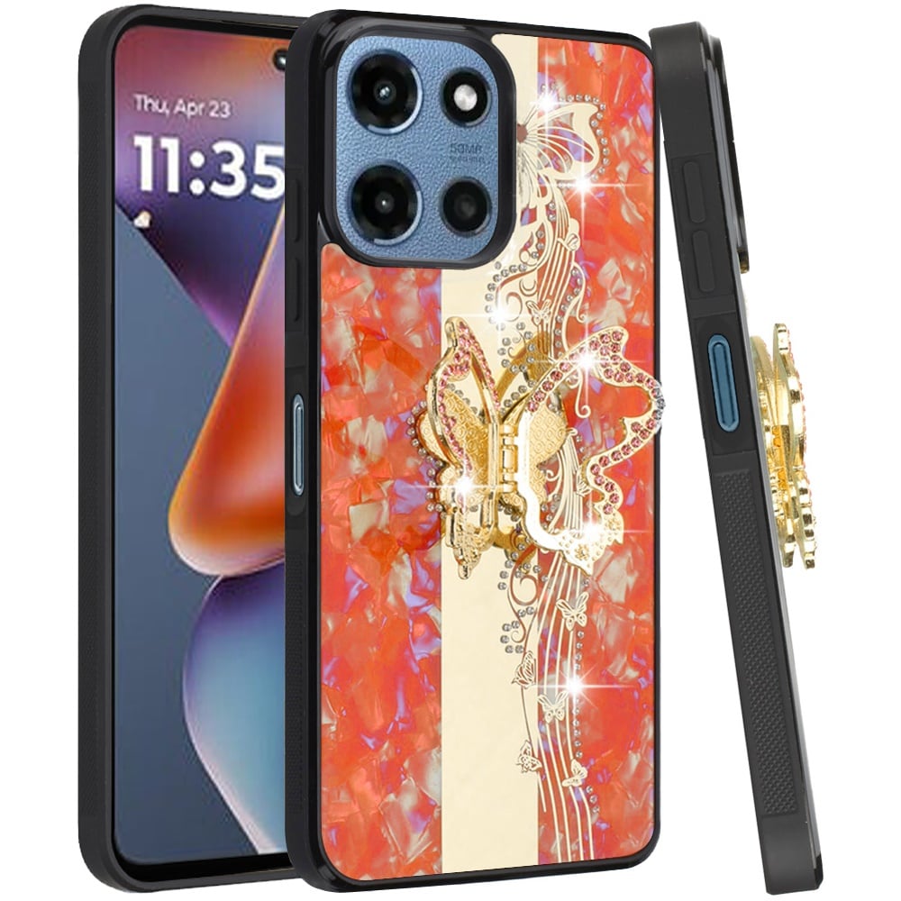 Phone Case for Motorola Moto G Play 5G 2026 Diamond Glitter Butterfly Engraved Ring Stand Luxury Bling Hybrid Shockproof Chrome Edge Protective Durable Grip Cover Enchabted Butterfly Cosmic Orange