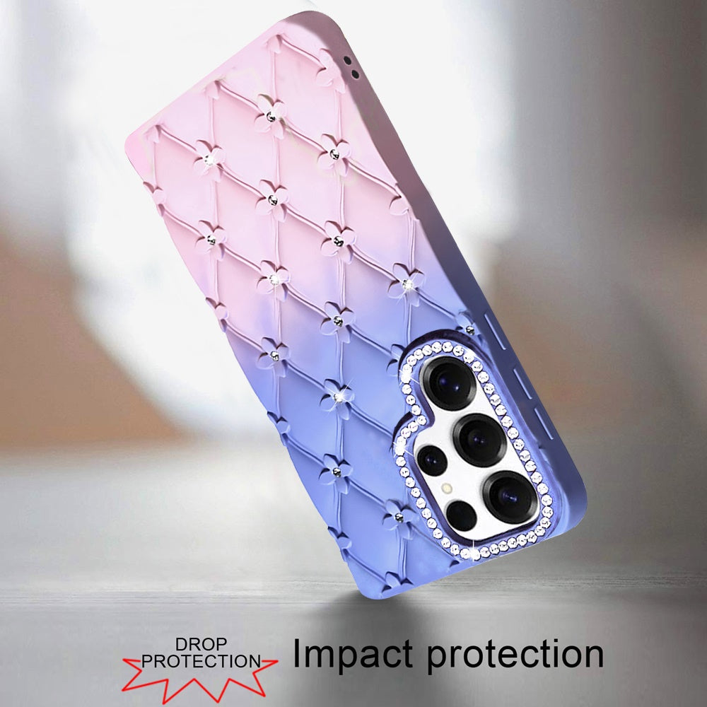 For Samsung Galaxy S24 Ultra Fashion Flower Design Sparkle Glitter Shimmer Rhinestone Bling Floral Accents, Leather Texture TPU Case Cover