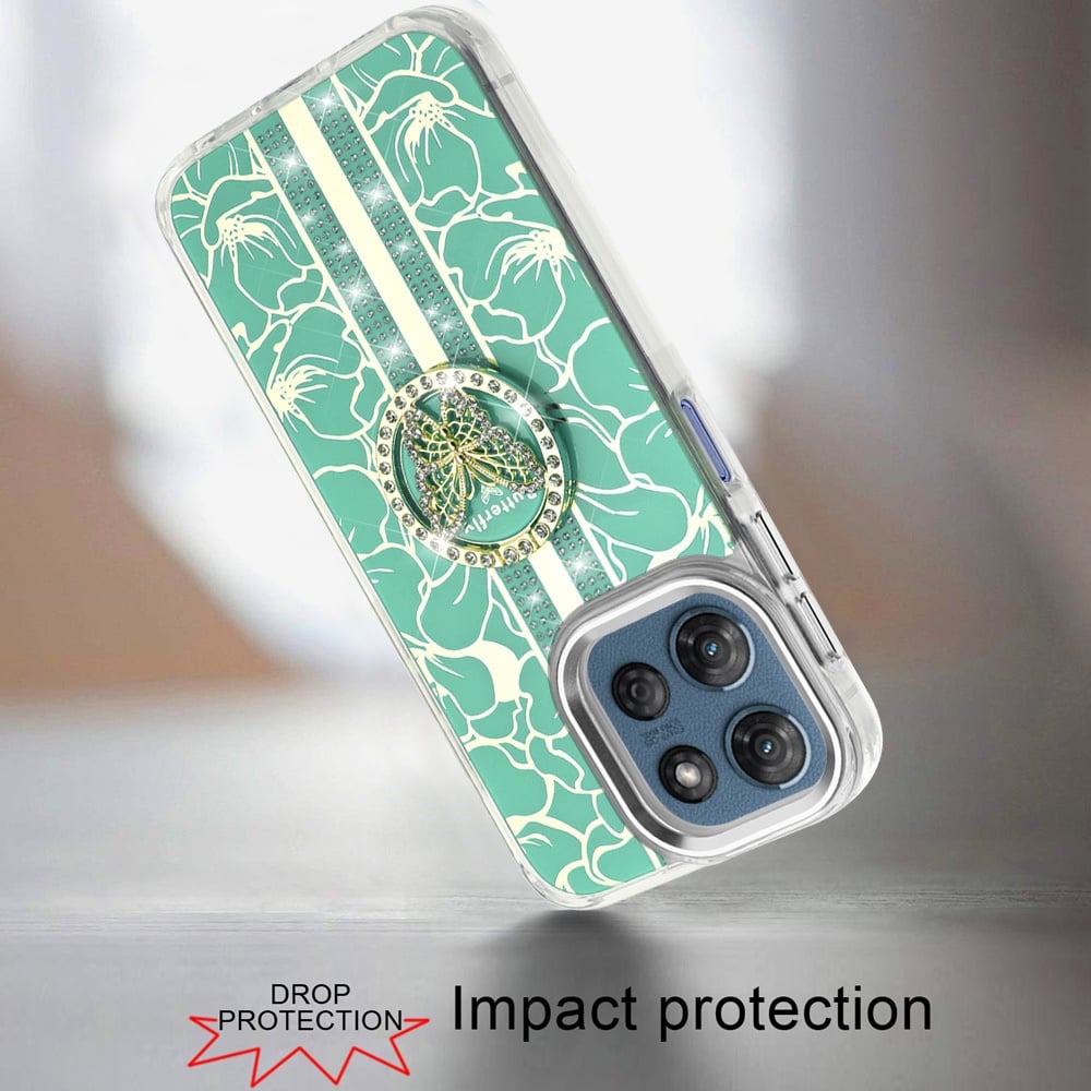 For Motorola Moto G 5G 2026/2025 Diamonds 3D Butterfly Floral Design Bling Sparkly Glitter Hybrid Metal Fashion with Ring Stand Case Cover