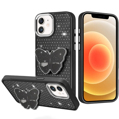 For Apple iPhone 16 (6.1") Butterfly Moveable Grip 3D Pop Stand Full Diamond Bling Sparkling TPU Fashion Hybrid Case Cover
