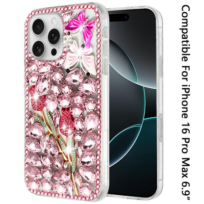 Phone Case for Apple iPhone 16 Pro Max Luxury Full Diamond Glitter 3D Floral Ornament Hybrid Shockproof Stylish Rhinestone Designer Protective Elegant Cover