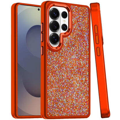 Phone Case for Samsung Galaxy S25 Ultra Crystal Glass Bling Diamond Metallic Edge Shockproof Durable Protective Clear Hybrid Stylish Premium Design Cover Cosmic Orange