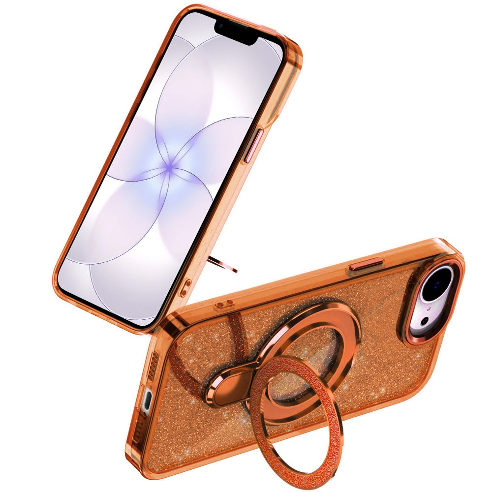 For Apple iPhone 17E /16E Transparent Glitter Bling Case with Rotating Magnetic Ring Stand, Shockproof Hybrid Case Cover Cosmic Orange