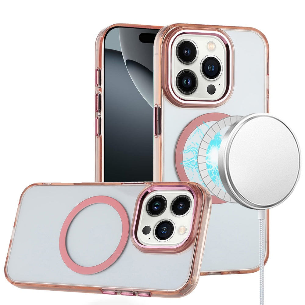 For Apple iPhone 16 Pro (6.3") Transparent Back Hybrid Case - Magnetic Circle, Color Frame, Metal Buttons, MagSafe Compatible Case Cover