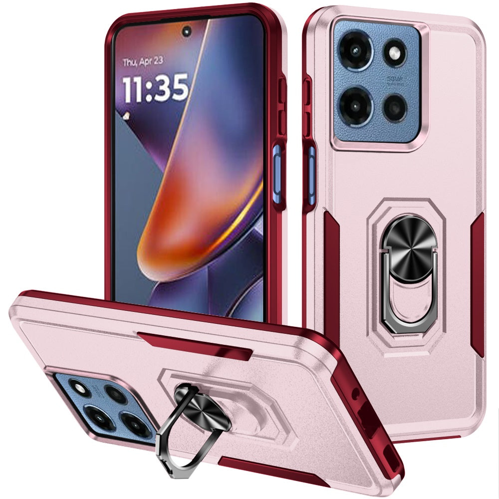 For Motorola Moto G 5G 2026/2025 Hybrid Rugged Tough 2in1 Drop-Proof Protection Military Grade Armor with Metal Ring Stand Case Cover Pink