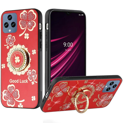 For Samsung Galaxy Z Fold 7 Diamonds 3D Fashion Floral Bling Sparkly Glitter Ornaments Engraving Hybrid with Ring Stand Case Cover Red Good Luck Floral