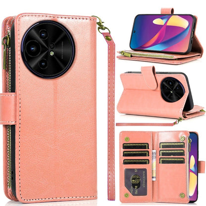 For Samsung Galaxy A16 5G PU Leather Zipper Wallet Case 9 Credit Card Slots Cash Money Pocket Clutch Pouch with Stand & Strap Case Cover Rose Gold