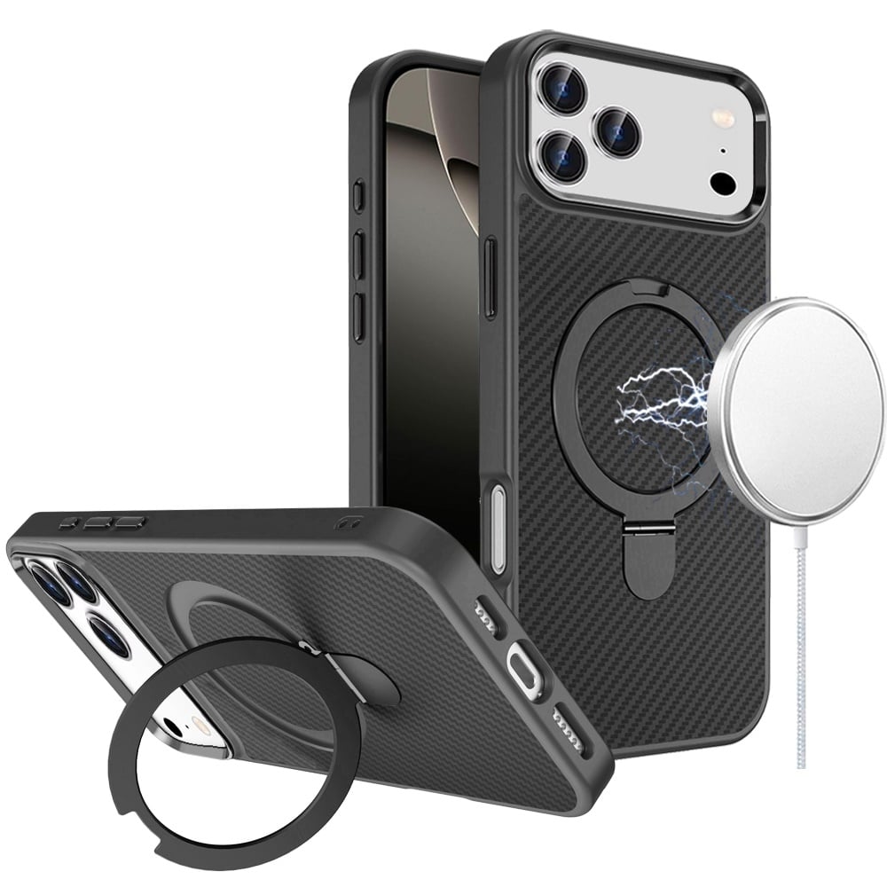 For Apple iPhone 17 Pro (6.3") Hybrid Carbon Fiber Design with MagSafe Compatible [Magnetic Circle], Ring Stand Shockproof Slim TPU Case Cover