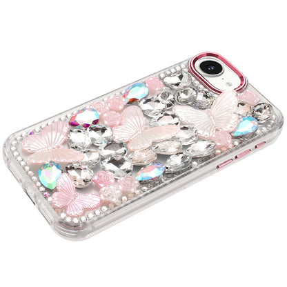 For Apple iPhone 16e 3D Diamond Floral Butterfly Bling Stone Hybrid, Sparkly Rhinestone Gemstone Back Shockproof Case Cover