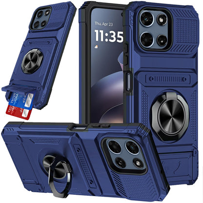 Phone Case for Motorola Moto G Play 5G 2026 Multi Functional Card Slot Shockproof Metal Ring Hybrid Wallet Rugged Protective Grip Heavy Duty Durable Cover Blue