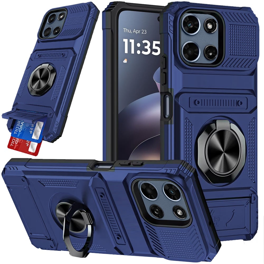 Phone Case for Motorola Moto G 5G 2026 / 2025 Multi Functional Card Slot Shockproof Metal Ring Hybrid Wallet Rugged Protective Grip Heavy Duty Durable Cover Blue