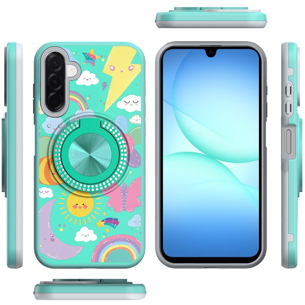 For Samsung Galaxy A17 5G Pattern Design Hybrid with Invisible Ring Stand & Magnetic Back, Shockproof Protective Grip Case Cover