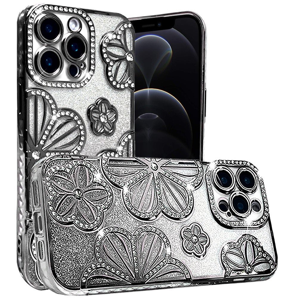 Phone Case for Apple iPhone 12 Pro Max Shimmer Glitter Floral Thick TPU Shockproof Durable Grip Camera Protection Anti-Scratch Stylish Design Cover Black
