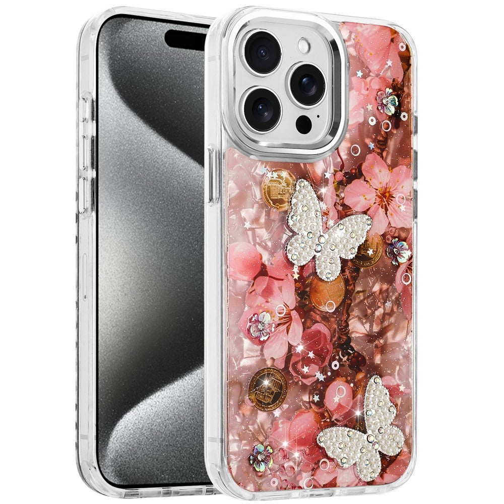 For Apple iPhone 14 Pro Max Epoxy Glitter Flowers Bling 3D Butterfly Fashion TPU Hybrid with Shockproof Protection Case Cover