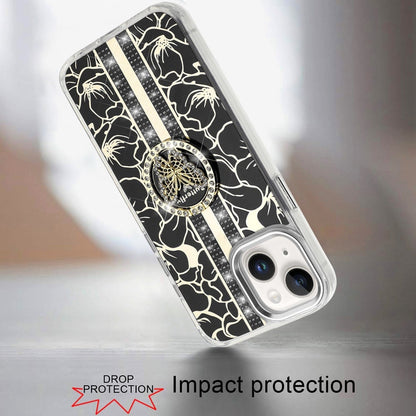 For iPhone 14/13 (6.1") Diamonds 3D Butterfly Floral Design Bling Sparkly Glitter Hybrid Metal Fashion with Ring Stand Case Cover Cosmic Orange