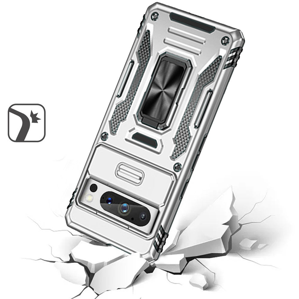 For Google Pixel 9 Pro XL Tough Hybrid Case with Movable Camera Window & Metal Ring Stand Shockproof Case Cover