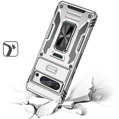 For Google Pixel 9 Pro XL Tough Hybrid Case with Movable Camera Window & Metal Ring Stand Shockproof Case Cover