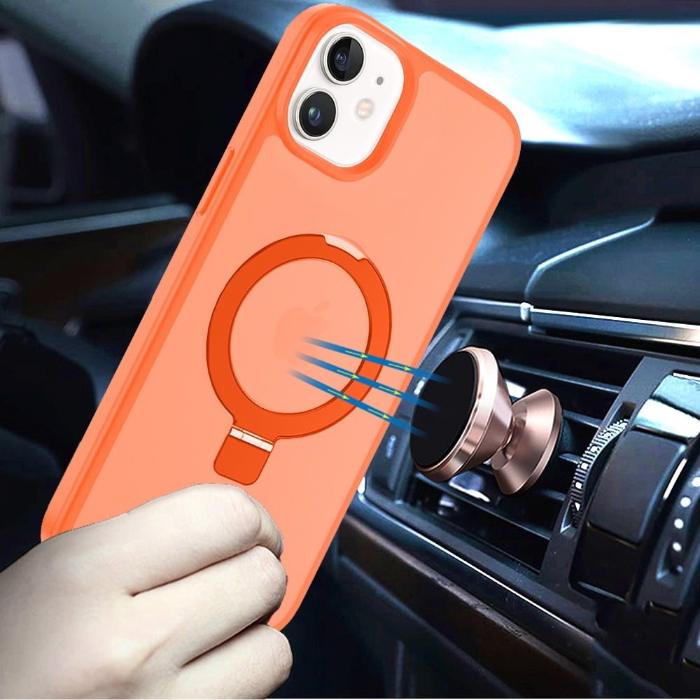 For iPhone 12 / iPhone 12 Pro (6.1") Magnetic Circle Back with Ring Stand Full Rotation Matte Hybrid Shockproof Case Cover Cosmic Orange