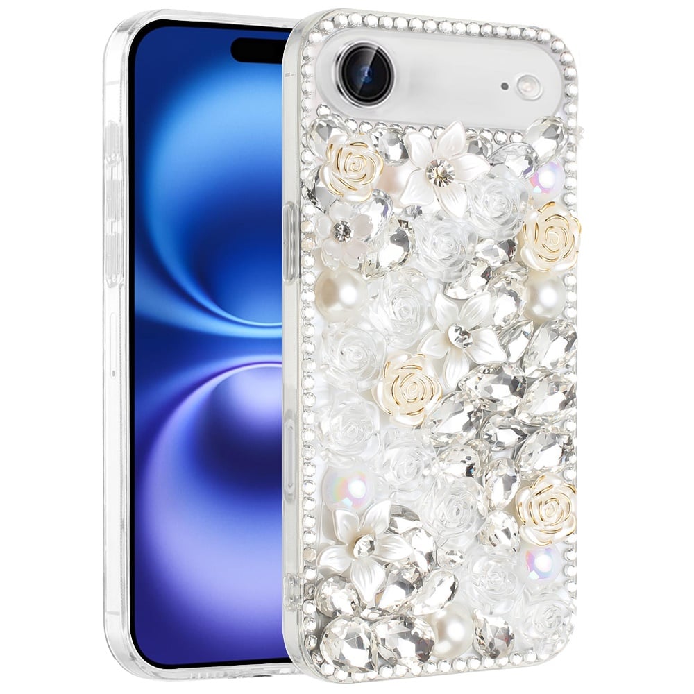 For Apple iPhone 17 Air (6.6") Fashion Rose Flower Floral Bling Crystal 3D Full Diamonds Pearl Sparkle Rhinestone Glitter Hybrid Case Cover