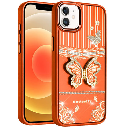 For iPhone 12 / iPhone 12 Pro (6.1") Glitter 3D Butterfly Design Bling Metallic Edge Hybrid Stand Drop Protection TPU Shockproof Case Cover Cosmic Orange