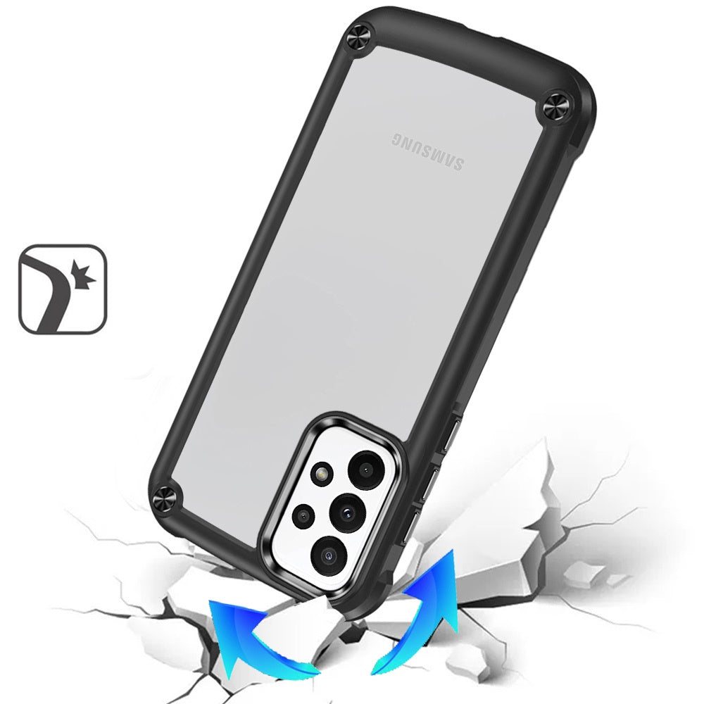 For Samsung Galaxy A52 5G Hybrid Transparent Rubber with Metal Buttons & Camera Edges Hard TPU Corner Frame Bumper Case Cover Black