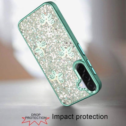 For Samsung Galaxy A36 Cute Butterfly Crystal Diamond Glitter Case Sparkle Bling Frame Metallic Edges, Shimmer TPU Hybrid Case Cover