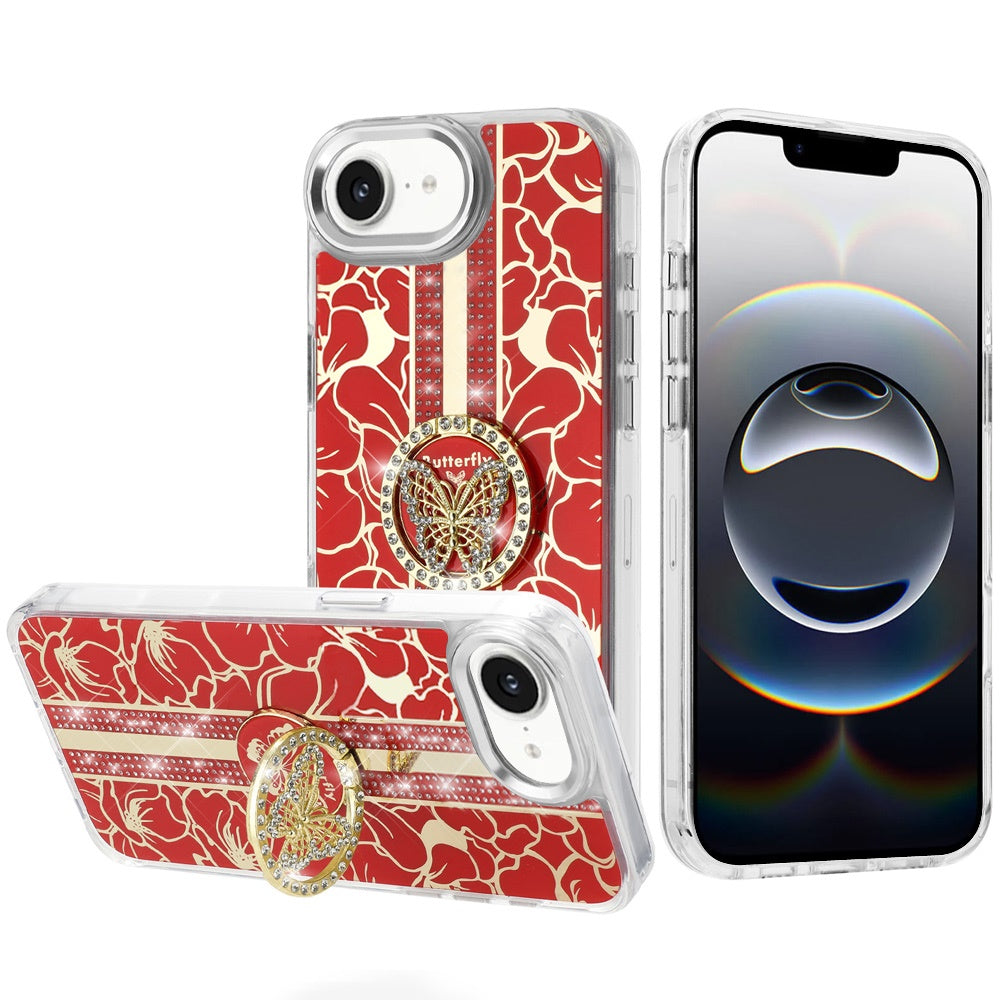 For Apple iPhone 16e Diamonds 3D Butterfly Floral Design Bling Sparkly Glitter Hybrid Metal Fashion with Ring Stand Case Cover