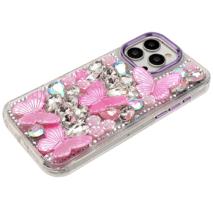 For Apple iPhone 13 Pro Max 3D Diamond Floral Butterfly Bling Stone Hybrid, Sparkly Rhinestone Gemstone Back Shockproof Case Cover