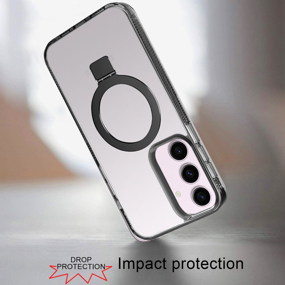 Phone Case for Samsung Galaxy S23+ /S23 Plus Transparent Dotted Edge Magnetic Ring Stand Shockproof Hybrid Grip Kickstand Clear Rugged Drop Protection Cover Black