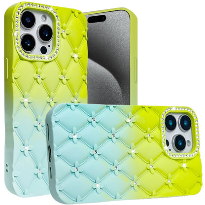 For Apple iPhone 15 Pro Max Fashion Flower Design Sparkle Glitter Shimmer Rhinestone Bling Floral Accents, Leather Texture TPU Case Cover