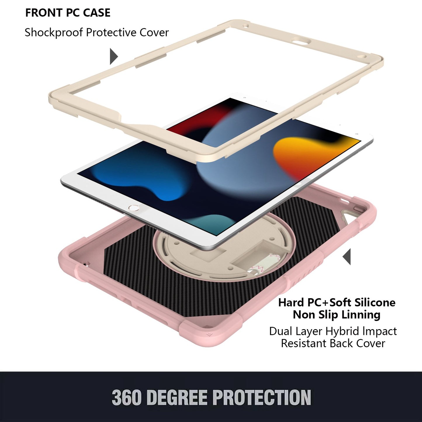 For 3-in-1 Tough Hybrid Shockproof Protector Silicone TPU with Pencil Holder, Kickstand, Hand & Shoulder Strap Rose Gold Pink Tablet Case Cover