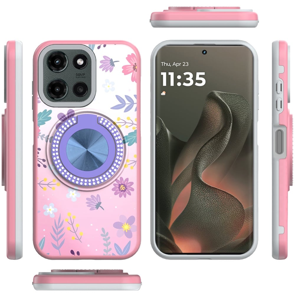 For Motorola Edge 2025 Pattern Design Hybrid with Invisible Ring Stand & Magnetic Back, Shockproof Protective Grip Case Cover